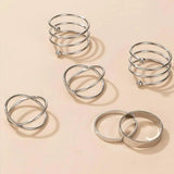 Silver Color Round Hollow Geometric Fashion Cross Twist Open Ring Set Joint (6Pcs)