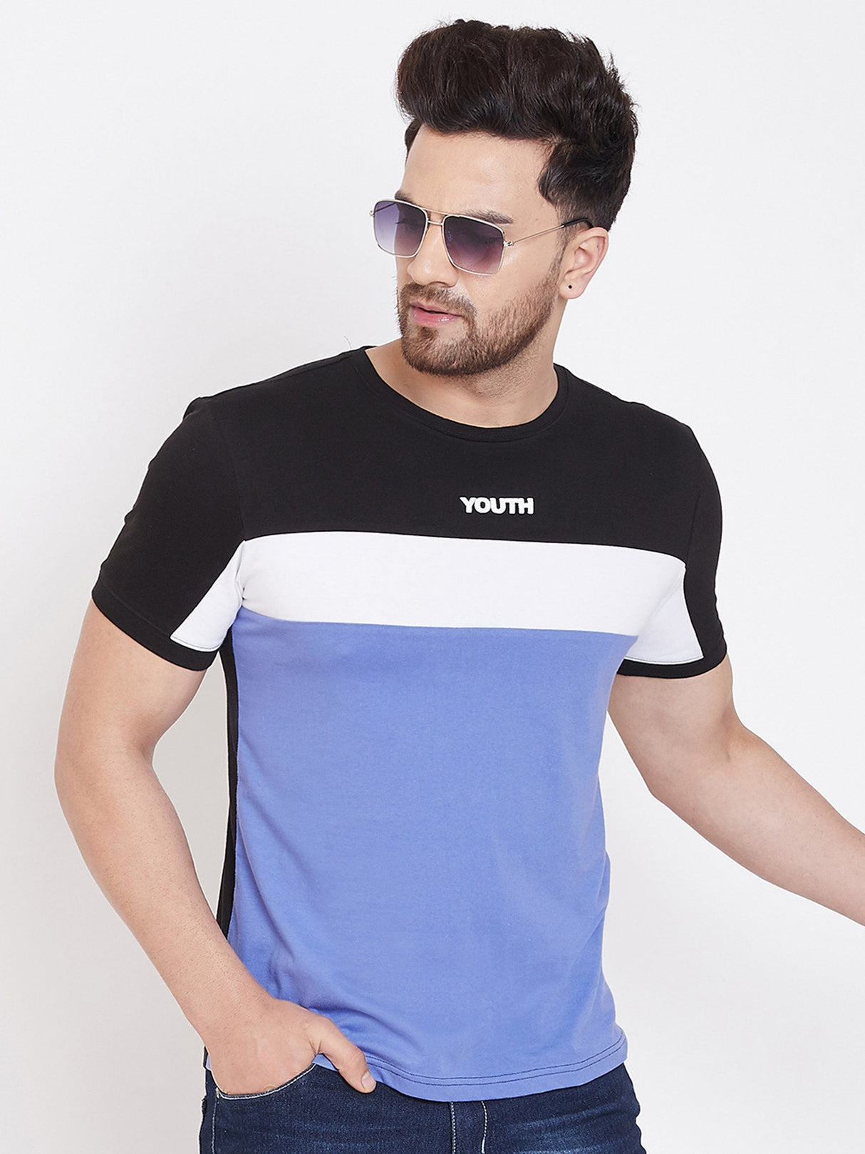 Black/White/Blue Printed Men's Half Sleeves Round Neck T-Shirt